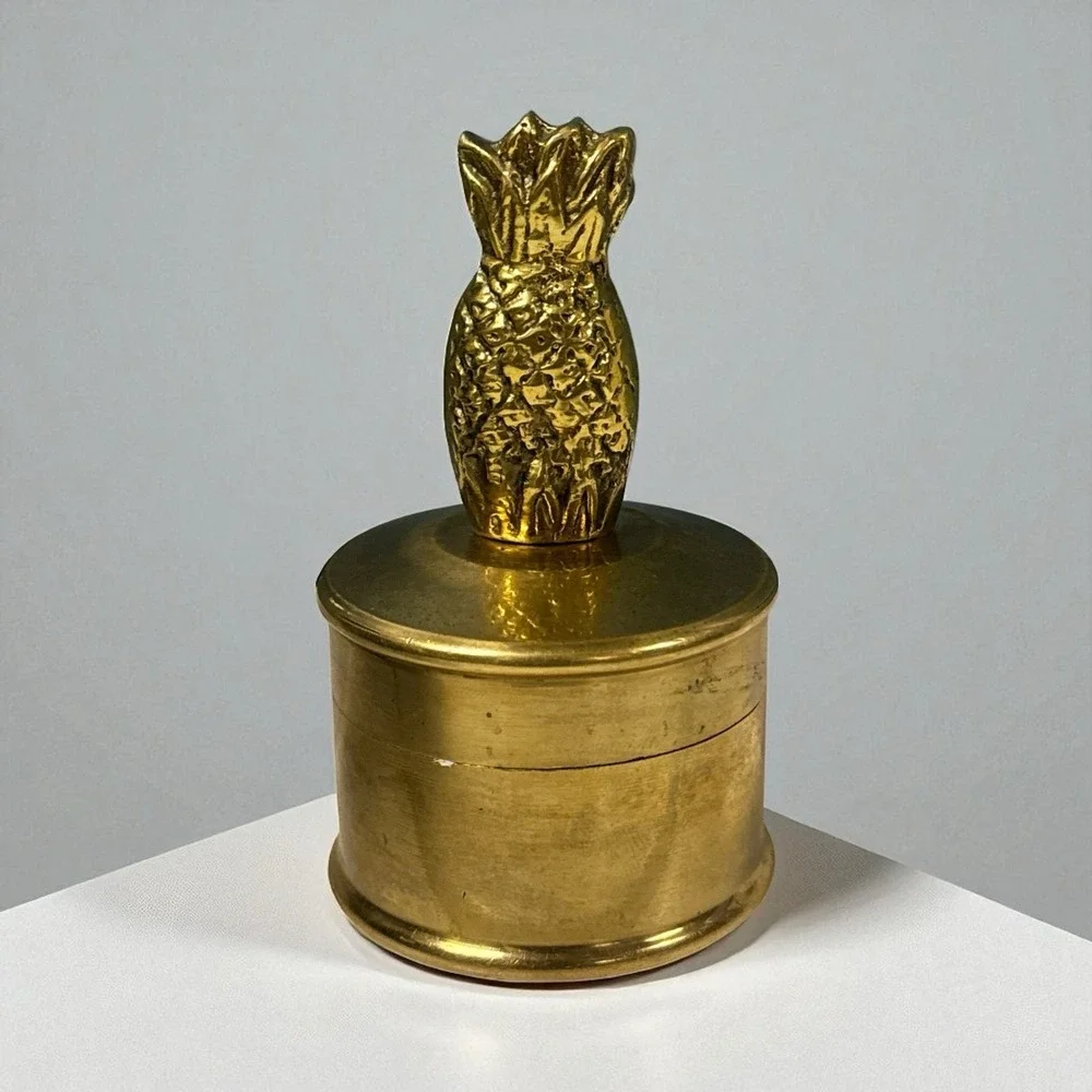 Vtg Brass Round Pineapple Small Stamp Trinket Box w/ Lid 3.75